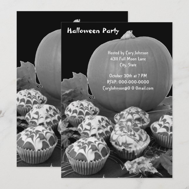 Pumpkin and Cupcakes Halloween Party B&W Invite (Front/Back)