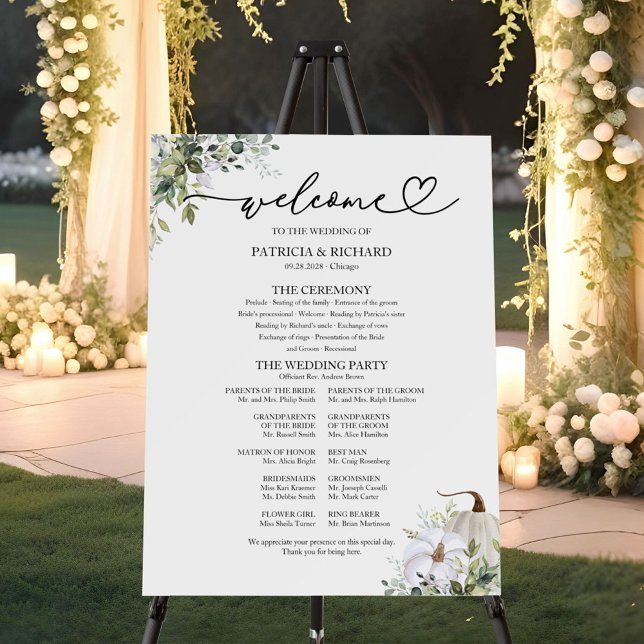 Pumpkin and Eucalyptus Fall Wedding Program Sign (Creator Uploaded)