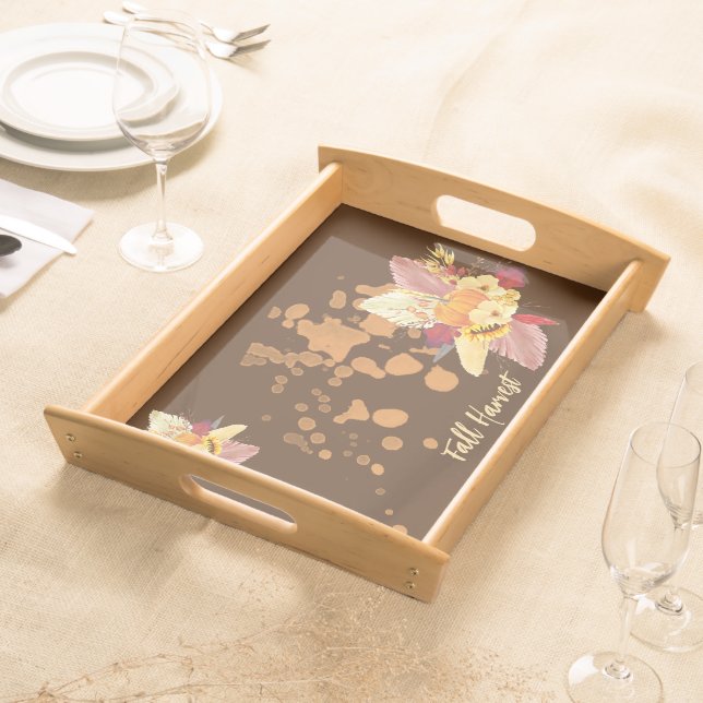 Pumpkin And Fall Flowers Serving Tray, Natural Serving Tray (Front)