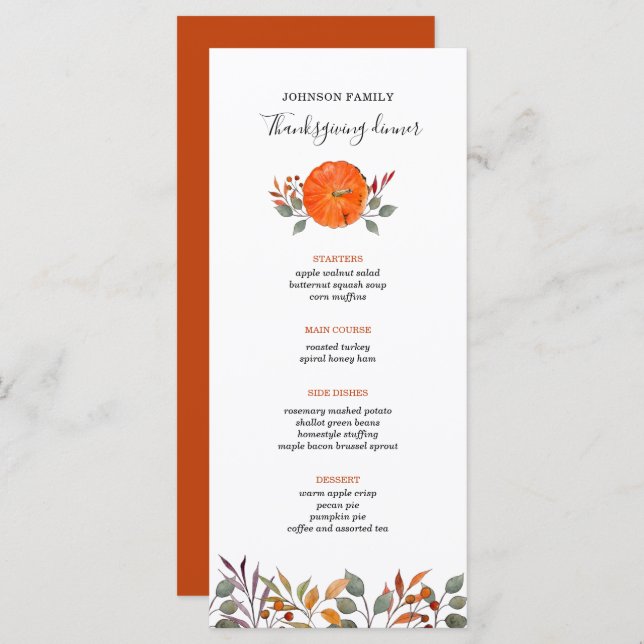 Pumpkin and fall foliage Thanksgiving dinner menu (Front/Back)