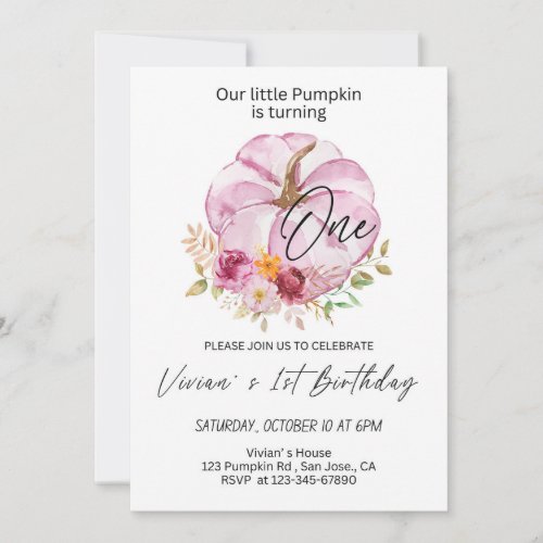 Pumpkin and flower1st birthday girl invitation