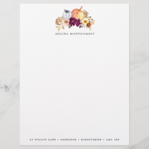 Pumpkin and Flowers Fall Personalized Letterhead