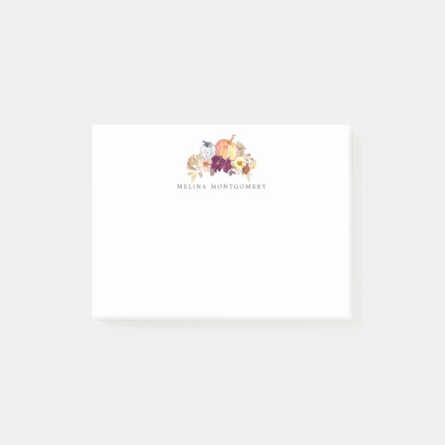 Pumpkin and Flowers Fall Personalized Post-it Notes (Front)