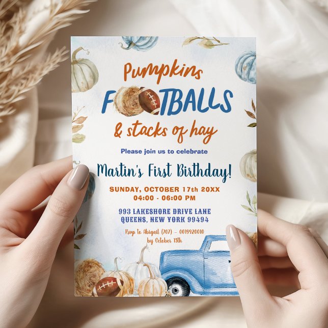 Pumpkin and Footballs First Birthday Boy Invitation (Creator Uploaded)
