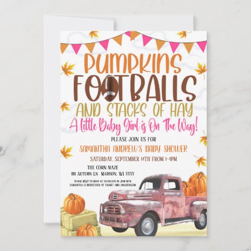 Pumpkin and Footballs Girl Baby Shower Invitation