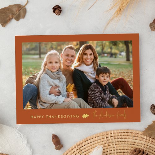 Pumpkin and Gold Minimalist Thanksgiving 2 Photo Foil Holiday Card