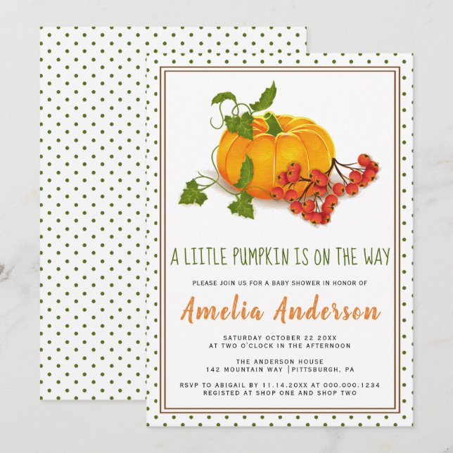 Pumpkin and green polka dot frame Baby Shower Invitation (Front/Back)