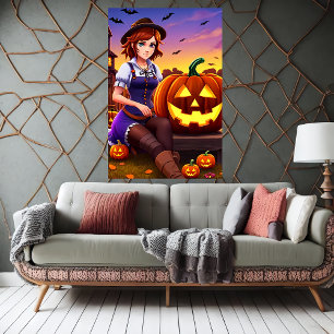 Pumpkin and lady with brown hat   AI Art Poster