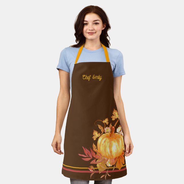 Pumpkin and Leaves Autumn Brown Chef Name Apron (Worn)