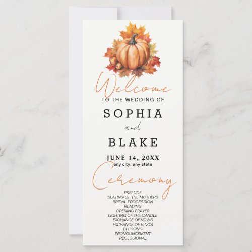 Pumpkin and Leaves Fall Off White Wedding Program