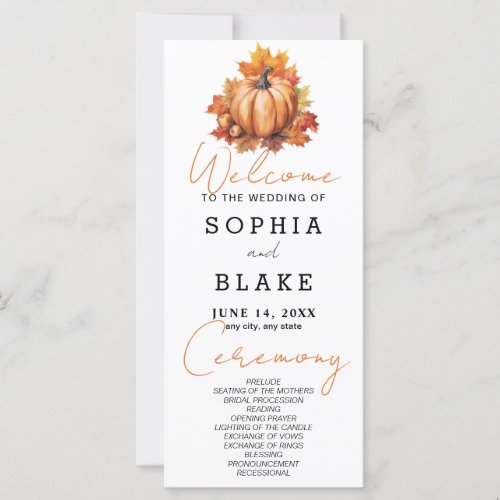 Pumpkin and Leaves Fall White Wedding Program