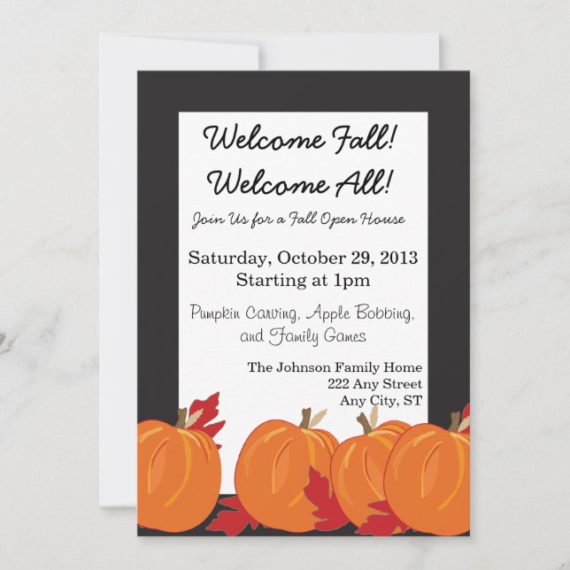 Pumpkin and Leaves on Black Fall Invitation (Front)