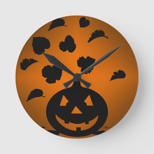 Pumpkin and Leaves Silhouette Round Clock