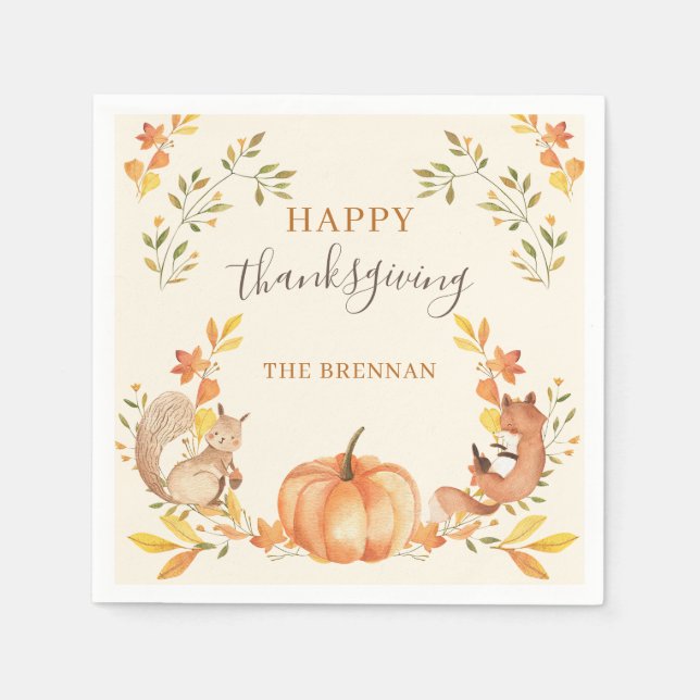 Pumpkin and Leaves Thanksgiving Dinner Napkins (Front)