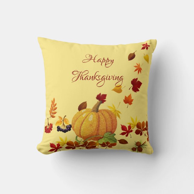 Pumpkin And Leaves Throw Pillow (Front)
