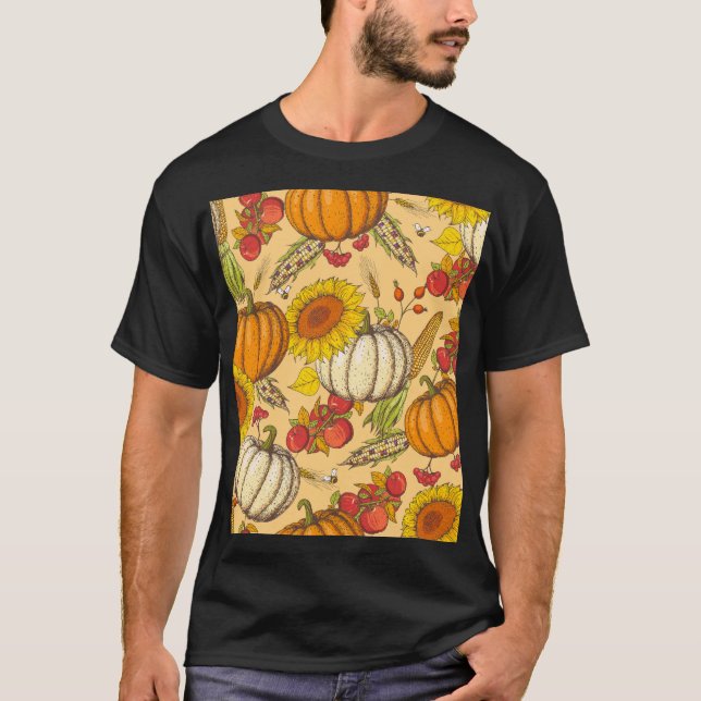 Pumpkin and Maple Leaves Pattern. T-Shirt (Front)