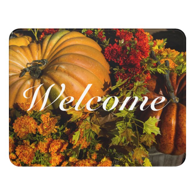 Pumpkin And Mum Arrangement Welcome Door Sign (Contemporary Front)