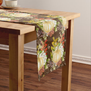 Pumpkin and Oak Leaves Autumn Season Brown Short Table Runner
