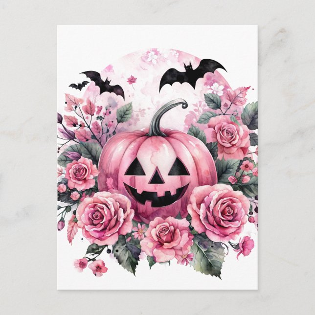 Pumpkin and Roses With Bats Pinkoween Postcard (Front)