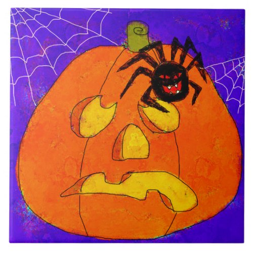 Pumpkin and Spider Abstract Halloween Art Ceramic Tile