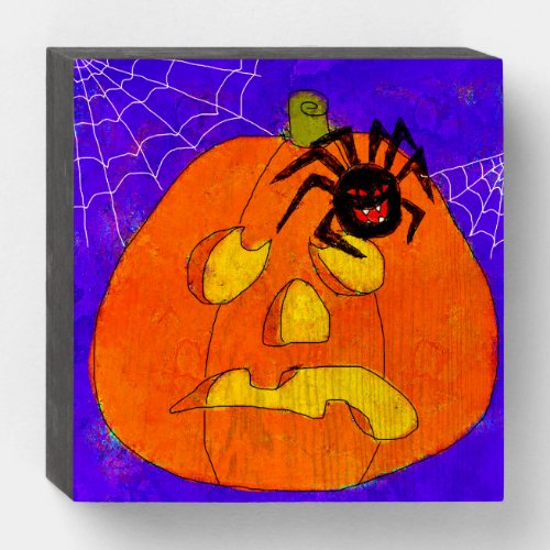 Pumpkin and Spider Abstract Halloween Art Wooden Box Sign