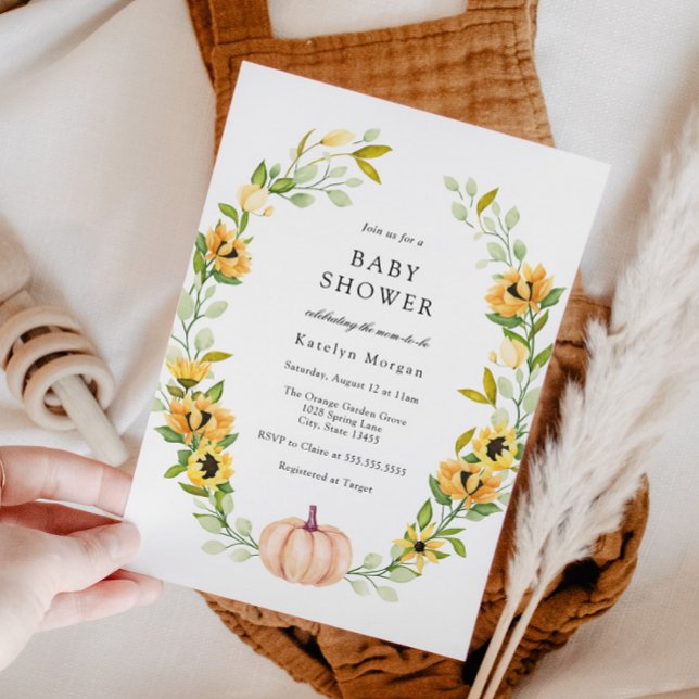 Pumpkin and Sunflower Wreath Baby Shower Invitation (Creator Uploaded)