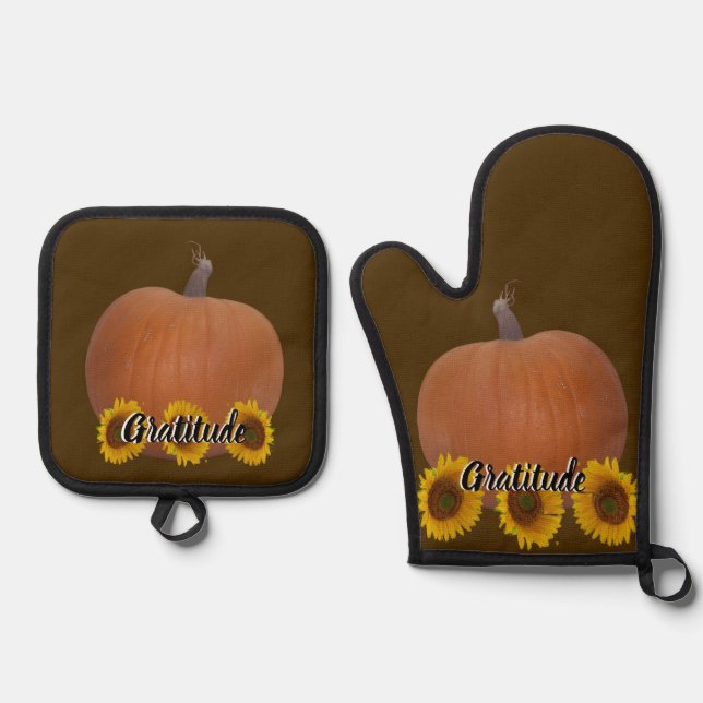 Pumpkin and Sunflowers Gratitude Brown Oven Mitt & Pot Holder Set (Front)