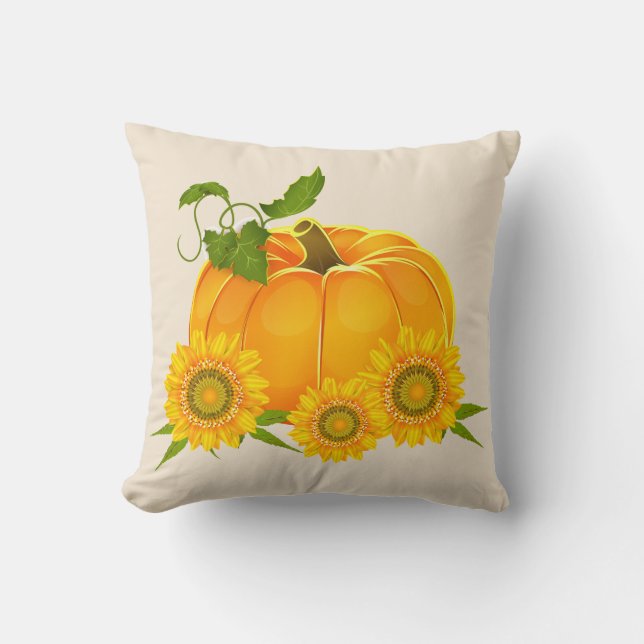 Pumpkin and Sunflowers Thanksgiving Throw Pillow (Front)