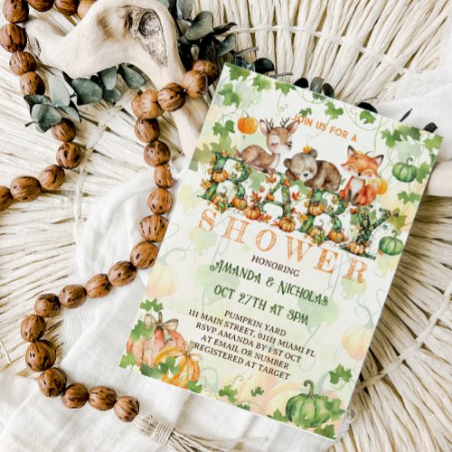 Pumpkin and Woodland Animals Baby Shower Invitation