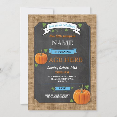 Pumpkin Any Age Birthday Party Blue Boy Invite