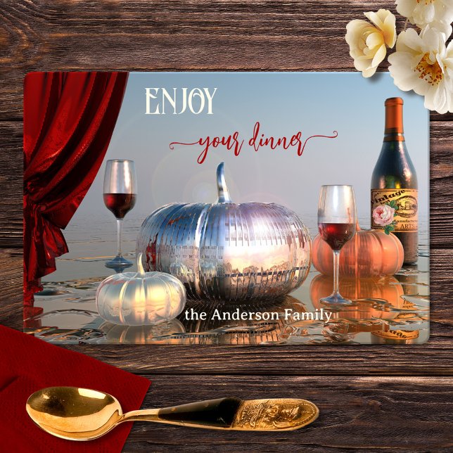 Pumpkin Artistic Fall or Thanksgiving  Placemat (Placemat with a fall or Thanksgiving theme featuring a modern art scene with pumpkins and wine)