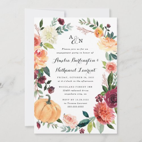 Pumpkin Autumn Chic Floral Rustic Engagement Party Invitation