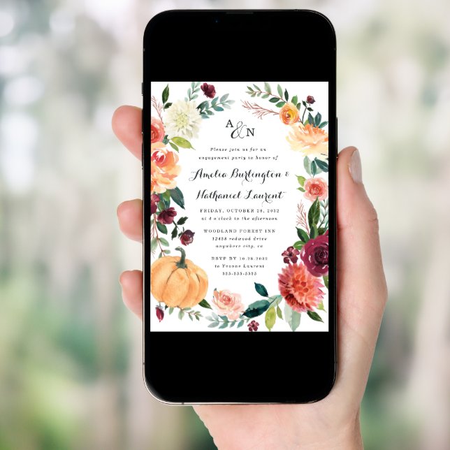 Pumpkin Autumn Chic Floral Rustic Engagement Party Invitation (Front Digital)