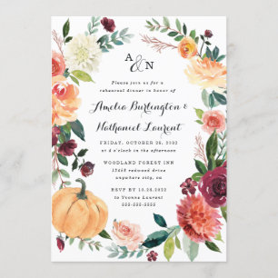 Pumpkin Autumn Chic Floral Rustic Rehearsal Dinner Invitation