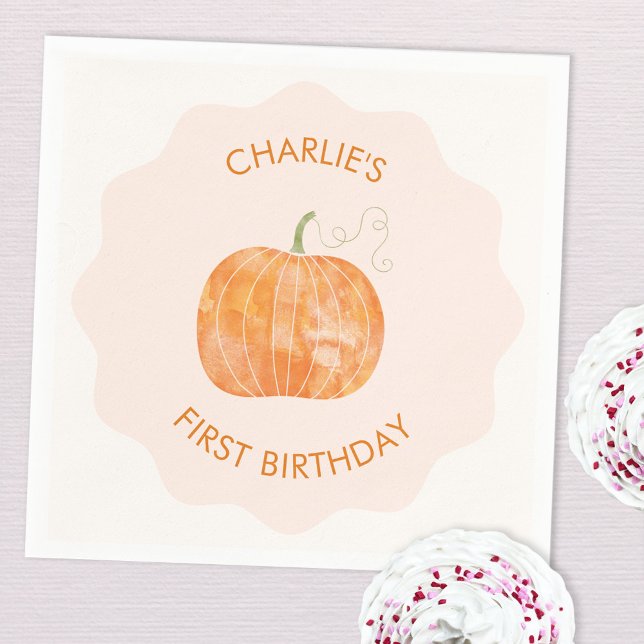 Pumpkin Autumn Fall First 1st Birthday Napkins (Cute pumpkin watercolor autumn fall first birthday party paper napkin)