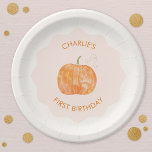 Pumpkin Autumn Fall First 1st Birthday Paper Plates<br><div class="desc">A watercolor pumpkin on a blush pink modern wavy background for an autumn fall first birthday party.  Change the text to customize.  Original art by Nic Squirrell.</div>