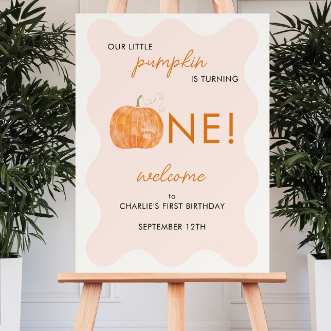 Pumpkin Autumn Fall First Birthday Welcome Sign (Watercolor pumpkin autumn fall themed first 1st birthday welcome sign)