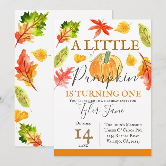 Pumpkin autumn fall kid birthday party invitation (Front/Back)