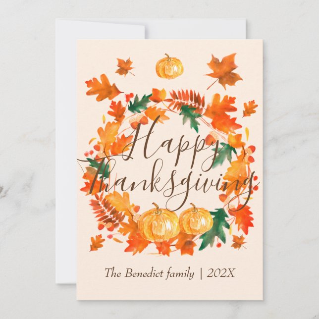 Pumpkin autumn fall leaves happy thanksgiving  holiday card (Front)