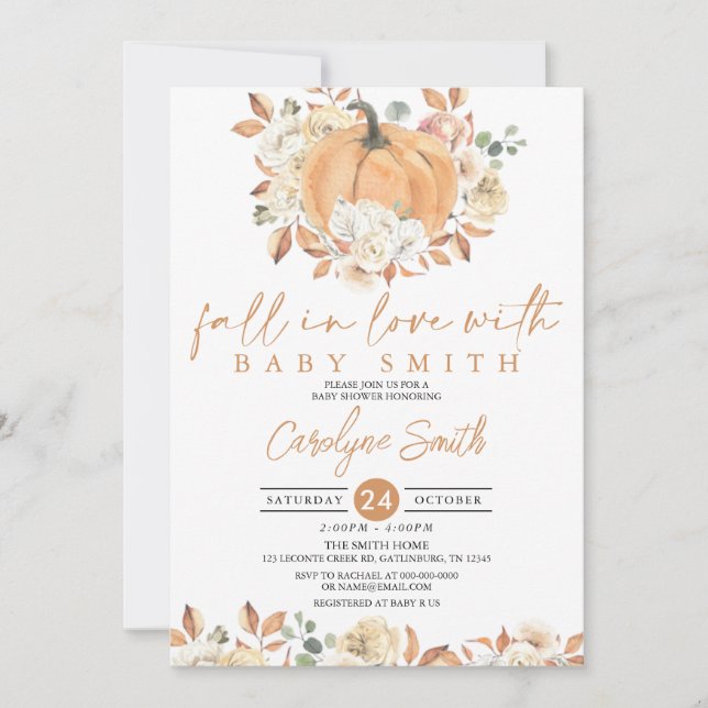Pumpkin Autumn Floral Fall in Love Baby Shower Invitation (Front)