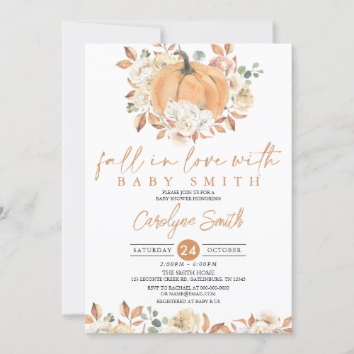 Pumpkin Autumn Floral Fall in Love Baby Shower Invitation