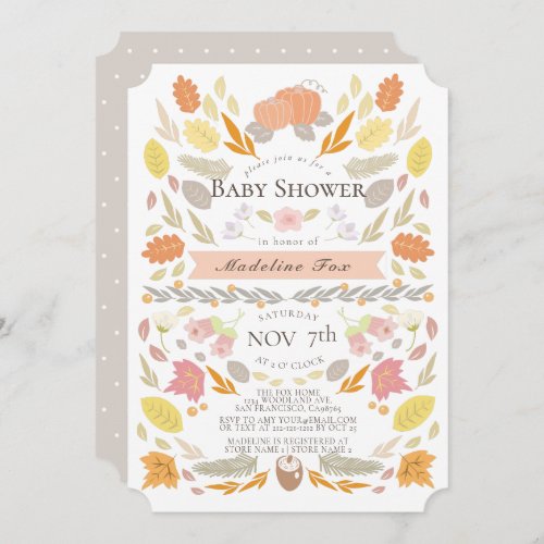 Pumpkin Autumn Foliage Floral Baby Shower Invitation