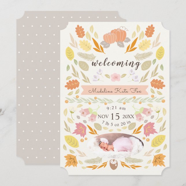 Pumpkin Autumn Foliage Photo Birth Announcement (Front/Back)