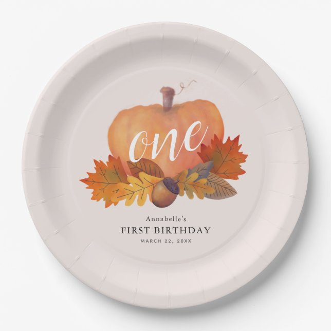 Pumpkin Autumn Leaves Blush Pink Girl Birthday Paper Plates (Front)