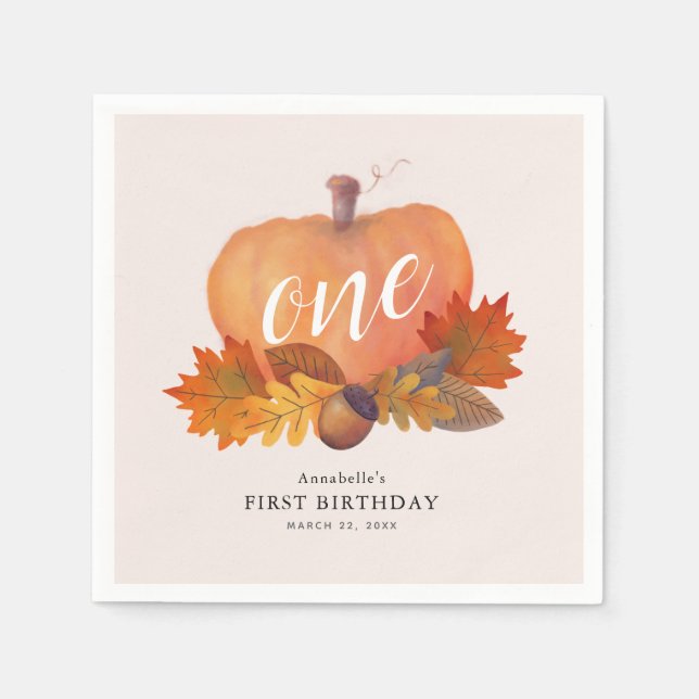 Pumpkin Autumn Leaves Pink Girl Birthday Paper Napkins (Front)