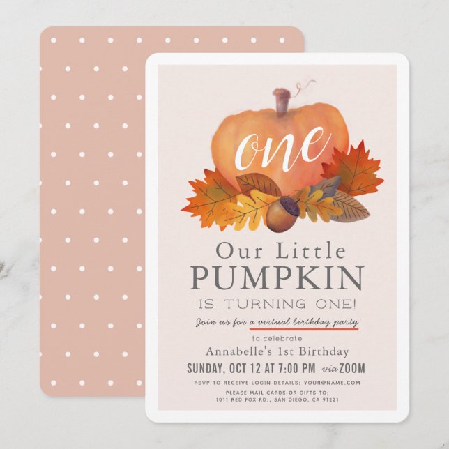 Pumpkin Autumn Leaves Pink Virtual 1st Birthday Invitation (Front/Back)