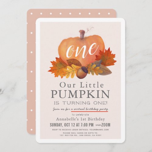 Pumpkin Autumn Leaves Pink Virtual 1st Birthday Invitation