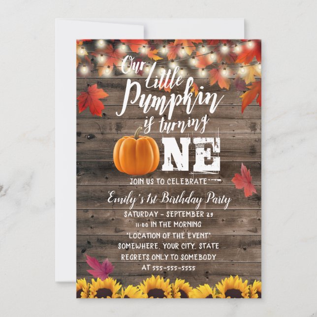 Pumpkin & Autumn Leaves Sunflower 1st Birthday Invitation (Front)