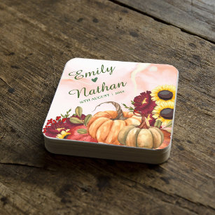 Pumpkin Autumn Leaves Sunflower Fall Wedding Party Square Paper Coaster