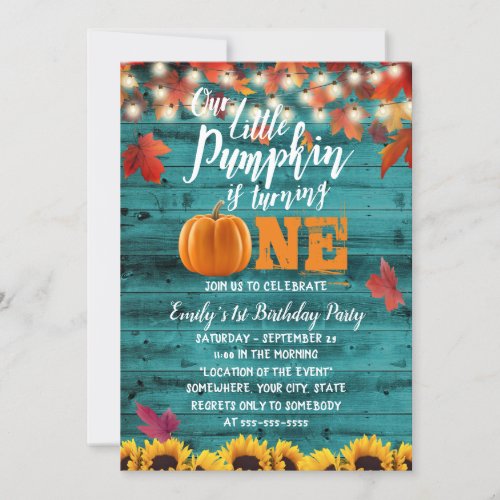 Pumpkin Autumn Leaves Teal Sunflower 1st Birthday Invitation